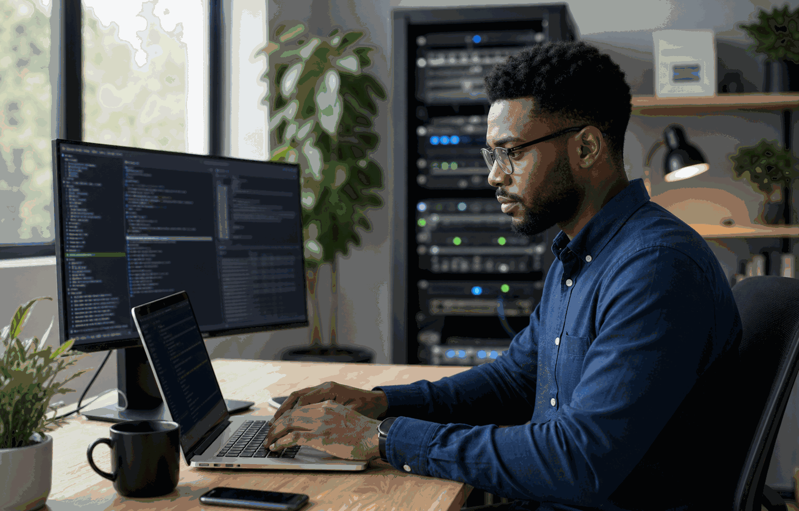Professional working at a Linux administration workstation