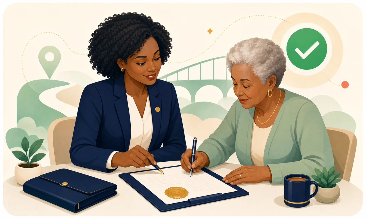 Mobile notary assisting a client with a document signing